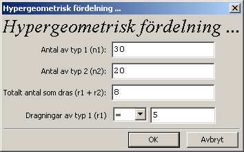 Antalet dragningar av röda kulor (typ 1) är 5. Alla inmatningar är nu klara och då vi trycker på OK ger Maxima sannolikheten som är 0.30259.