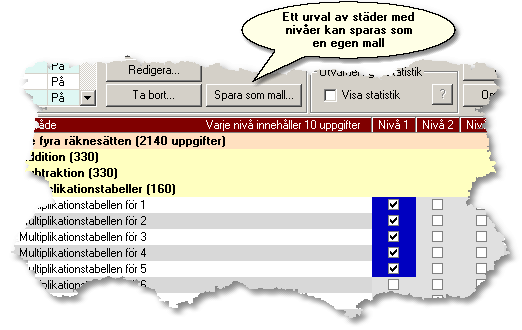 4.1.2 Mallar Funktionshandledning 11 Med hjälp av mallar i Mundo kan ett visst urval uppgifter och nivåer sparas för att sedan enkelt kunna återanvändas t ex när nya elever läggs in.