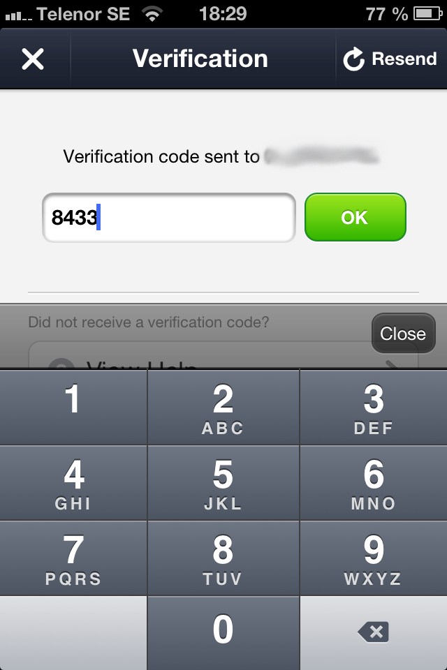 Ett SMS med en pinkod skickas nu till dig. Dessa fyra siffror matar du in och klickar OK.