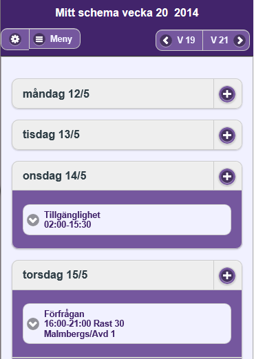 3.2 MITT SCHEMA Kalendern visar en vecka i taget, överst syns veckonumret för den vecka som visas just nu. I kalendern ser du din tillgänglighet, ev. förfrågningar och bokningar.