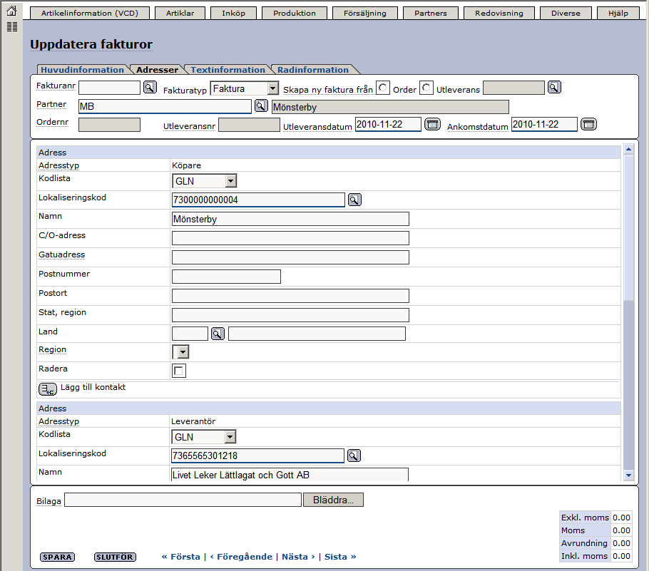 Senast Uppdaterad: 10-12-14 Exder efaktura Sida 11 av 24 Ni kan här se er partners huvudadress och även er egen adress.