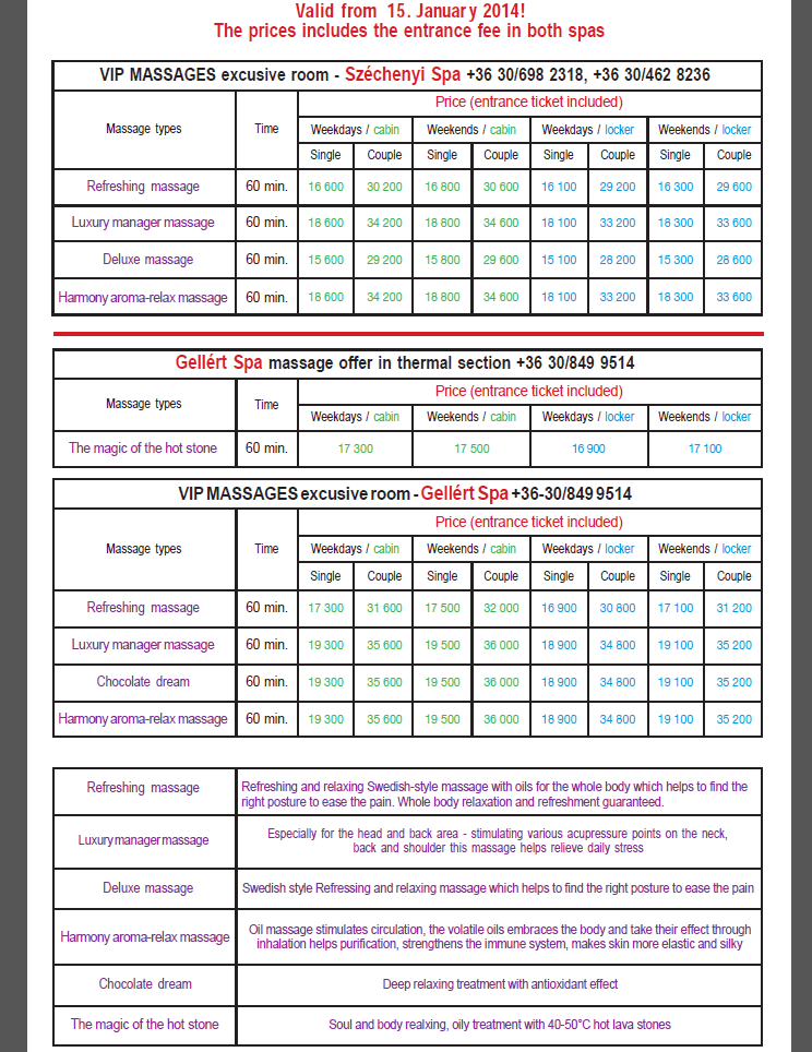 Övriga priser och typer av massage; Szechenyi/ Gellert termalbad läs mer om: http://relaxresor.