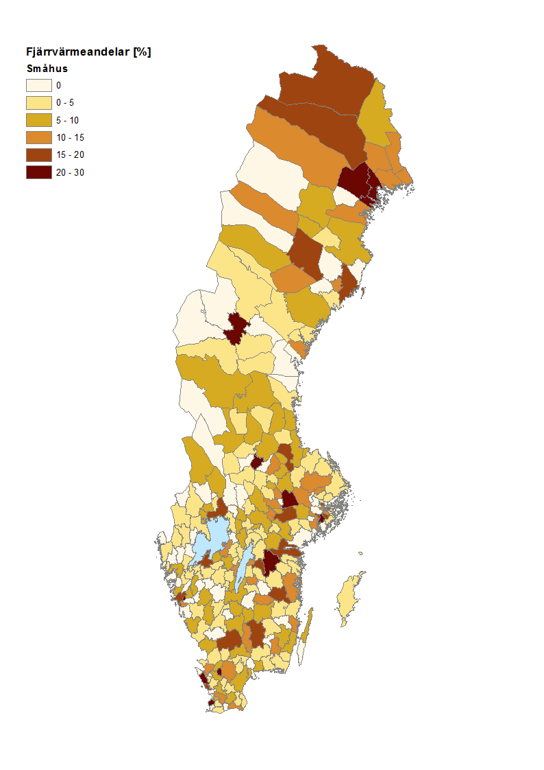 Figur 5 Fjärrvärmens marknadsandel för flerbostadshus (vänster) och småhus (höger). (Färgkoden 0 innebär att data saknas.