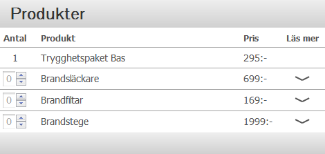 Fig. 1. Produkttabell på sidan Trygghetspaket Bas. Fig. 2. Pilar och tydlig text som klargör i vilket steg i beställningen användaren befinner sig.