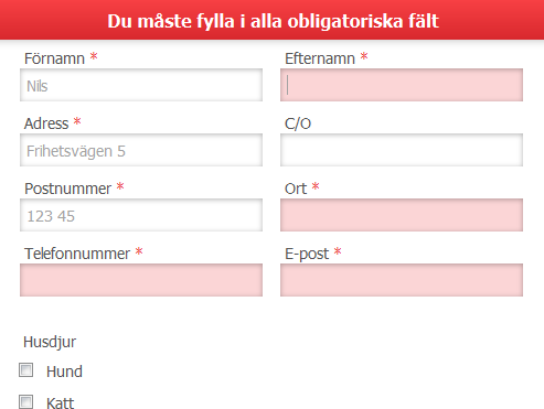 5.6 Erbjud avvärjande av fel och enkel felhantering Ett exempel på felhantering från vår webbplats är om användaren inte har fyllt i ett obligatoriskt fält i kontaktformuläret och klickar på Skicka.