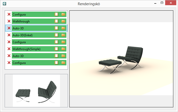 Här är en översikt som visar standardinställningen för olika sätt att rendera i Configura: Renderingssätt Auto 3D (Snabb) och Auto 3D (Detaljerad), knappar i verktygsraden Renderingsknappar i