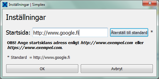 69 För inställningarna (eller inställningen i detta fall) har jag gjort att en dialog öppnas där man kan kopiera in eller skriva in helt själv webbadressen man vill använda som startsida.