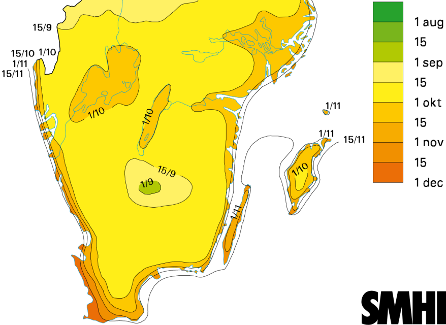 Bilaga 10 Genomsnittligt datum för den första höstfrosten Klimatkarta som visar genomsnittliga datum för