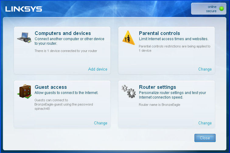 Namnet på Linksys E-Series-nätverket, BronzeEagle i detta exempel, visas markerat.