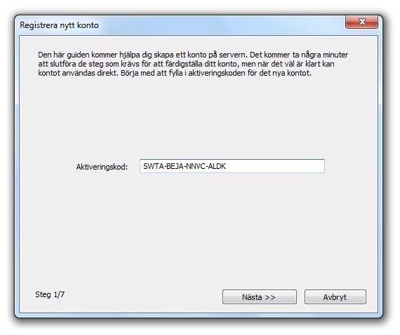 Guiden för att skapa ett konto startas sedan. För att skapa ett konto behöver du först en aktiveringskod.