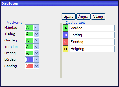 RX Bruksanvisning SV Definiering av dagtyper För att definiera de dagtyper du önskar använda, gör enligt följande: 1. Från menyn Kalender, välj Kalender, eller klicka på knappen. 2.