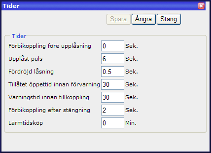 RX Tider Knappen öppnar ett nytt fönster. Bruksanvisning SV Bild 73 Förbikoppling före upplåsning Det antal sekunder som larmet är förbikopplat innan dörren låses upp.