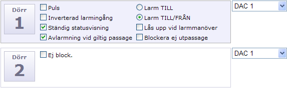 RX Bruksanvisning SV Bild 86 För övriga dörrar i samma DAC finns endast ett val, om blockeringsingången (ingång 3 på reläkortet i DAC 420/430) ska blockeras eller inte av larmblockeringsingången i