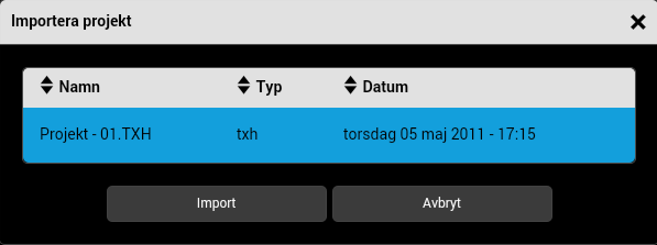 Klicka på Ny för att visa en listruta. Klicka på Importera projekt.