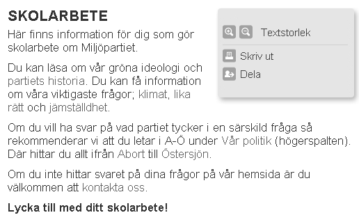 7 (21) Figur 1: Sida hos Miljöpartiet där det finns gröna länkar insprängda i den löpande texten.