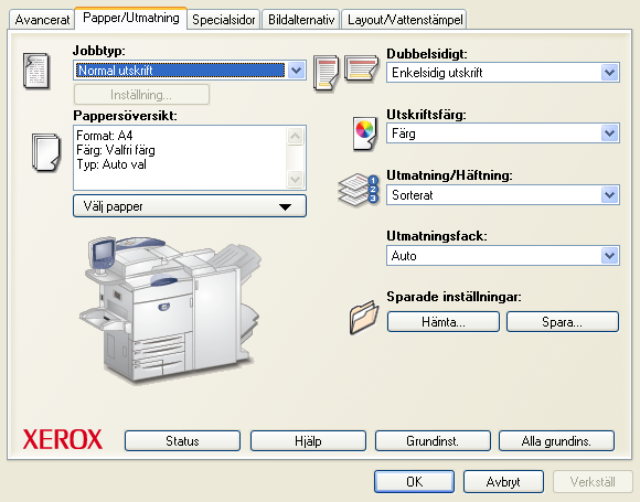 Drivrutinens struktur Drivrutinens funktioner finns på följande flikar: Papper/Utmatning, Specialsidor, Bildalternativ, Layout/ Vattenstämpel, Avancerat.