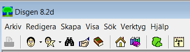 Övre raden på bilden Arkiv, bl.a. resultat av statistikkörningar under Öppna textfil Redigera, bl.a. Ångra Skapa, bl.a. skapa obesläktad man/kvinna Visa, bl.a. vad ska visas i bilden Sök, bl.