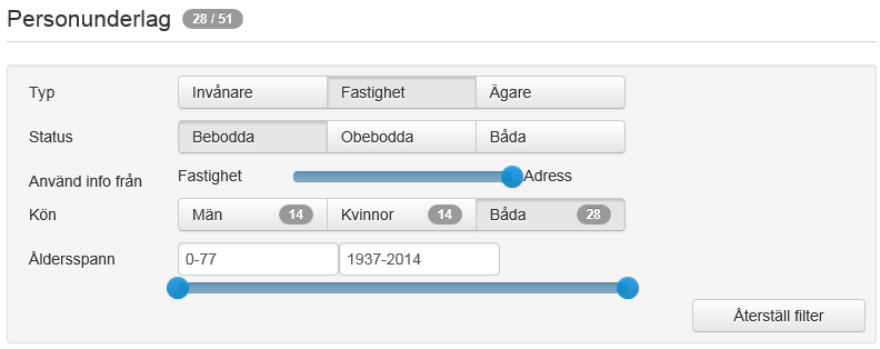 Personunderlag 2 (3) Resultatet av personunderlag är mycket flexibelt och ändras direkt om du ändrar kriterier Byt mellan flikarna för att få urval baserade på ex.