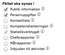 Sida 128/222 Textfält flera rader: Ett lite större fritextfält skapas. Den här typen är lämplig för till exempel "Om mig"-fält. Datum: Används för datuminformation, till exempel "Första arbetsdagen".