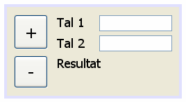 Prova att exekvera Kalkylator.java (högerklicka och välj Run File). Som du ser får du upp ett fönster med knappar, texter och inmatningfönster. Testa knapparna och inmatningsfönstren.