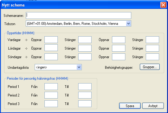 Tabellen beskriver de olika fält och knappar som finns på fliken. Fält / knapp ID Namn Undantagslista Lägg till Ta bort Visa/Ändra Beskrivning Anger schemats ID-nummer. Anger schemats namn.