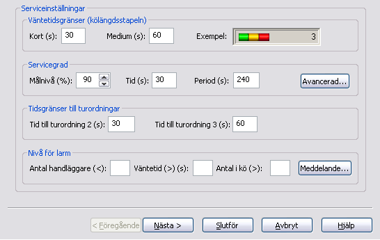 Gruppen Serviceinställningar Serviceinställningar ingår i dialogsteg 1 av Ny tjänst Väntetidsgränser 1. Ange vad som ska betraktas som kort väntetid.