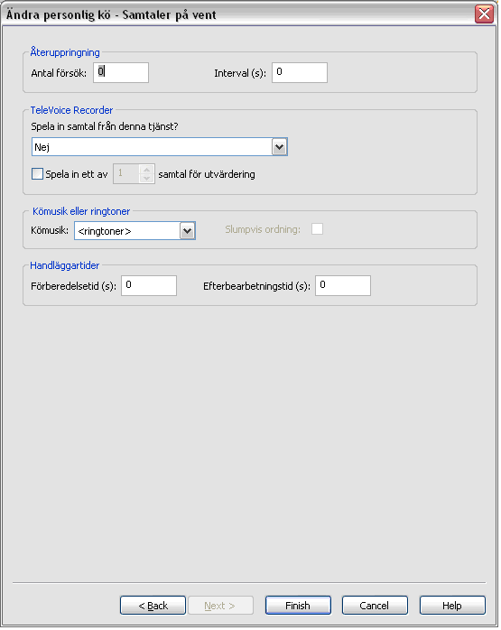 Steg 3 Övriga köinställningar Dialogsteg 3 av Inställningar för personlig kö På den här dialogrutan gör du inställningar av återuppringning, TeleVoice Recorder, Kömusik m.m. Gruppen Återuppringning 1.