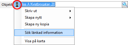 Om man klickar på förstoringsglaset öppnas ett Sökfönster upp. Man kan antingen välja någon fördefinierad sökfråga i menyn, eller skriva in en egen söksträng och klicka på förstoringsglaset.