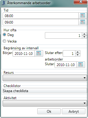 13.4 Återkommande arbetsorder Återkommande arbetsorder använder du när du vill skapa flera arbetsorder som fördelas på olika tillfällen i tiden.