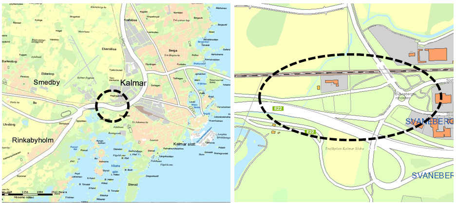 4(29) Planområdet gränsar till naturytor vid järnvägen i norr, på- och avfarter till E22 i söder samt Svanebergs industriområde i öster. Planområdets läge 02.