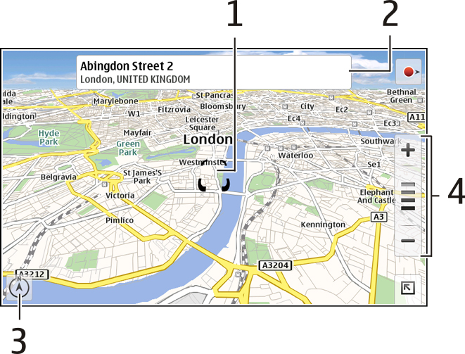 96 Hitta och visa platser Zooma kartan Välj + eller - eller välj och land, stat, stad eller gatuvy. Visa en resväg till en plats Markera platsinformationsrutan och Rutt till.