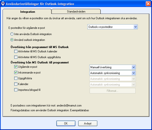 Användarinställningar för Outlook Integration E-posteditor för utgående e-post: Här väljer du om du ska använda programmets egen e- posteditor eller Outlooks editor när du skapar och redigerar