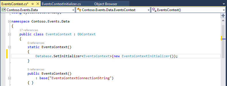 36 Steg 8: I Solution Explorer, expandera projektet Contoso.Events.Data. Steg 9: I projektet öppna filen EventsContext.cs. Steg 10: Inuti EventContext(), lägg till följande rad av kod: Database.