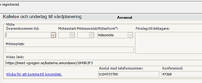 Anslut till Lync-möte via KLARA SVPL När kallelsen aviseras bildas en klickbar länk till mötet (8) 8.