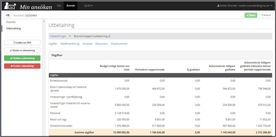 Ekonomirapport efter registrering av utgifter och medfinansiering I ekonomirapporten visas nu utgifter