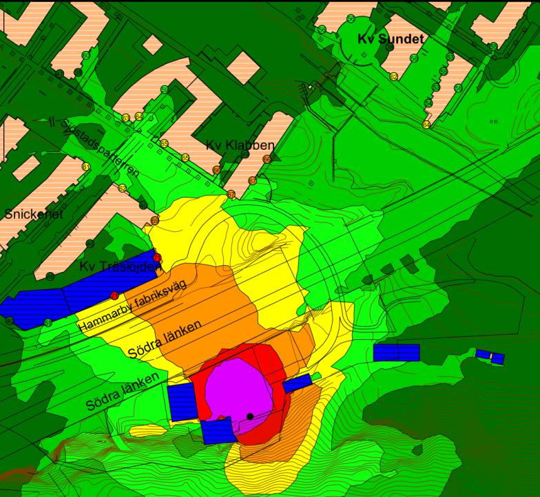 Beräknade ekvivalenta ljudnivåer från arbetsmomentet salvborrning vid planerat påslag F3 beräknas uppgå till högst 69 db(a) vid närmast belägna boendefasad samt 71 db(a) vid närmsta