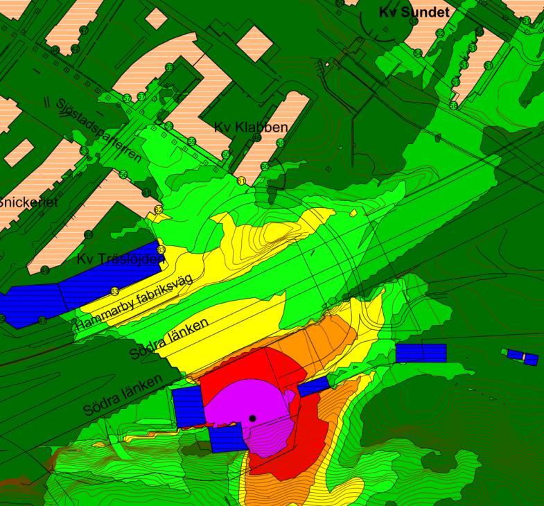 Vid momentet schaktning av sprängsten vid planerat påslag F3 beräknas ekvivalent ljudnivå vid närmast belägna boendefasad uppgå till 62 db(a) samt vid närmast belägna boendefasad samt 63 db(a) vid