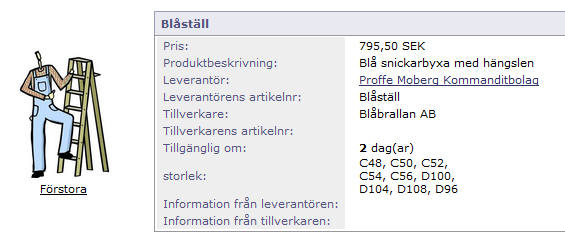 Exempel Parametric Data Klickar man på rubriken för att se mer detaljer listas alla tillgängliga storlekar tillsammans med övrig