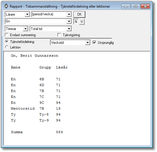 Välj Rapport Tidsammanställning Tjänstefördelning eller lektioner. Den inställda metoden är förvald, men kan tillfälligt ändras. Välj vilken typ av sammanställning som ska visas, Lärare är förvalt.