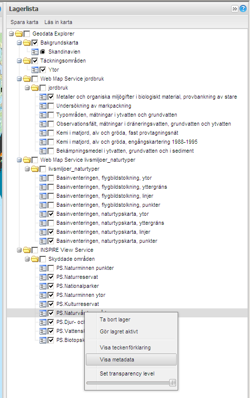 NATURVÅRDSVERKET 7(7) Genom lagerlistan (Figur 9) kan du styra vad som visas i kartan. Genom att markera rutan framför respektive kartlager kan du tända eller släcka ett lager.