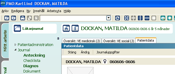 Välj datum/ansvarig Innan du registrerar något i en journal måste du ange händelsedatum (det datum som besöket gjordes), om annat än dagens datum, samt ange ansvarig om annan än du själv.