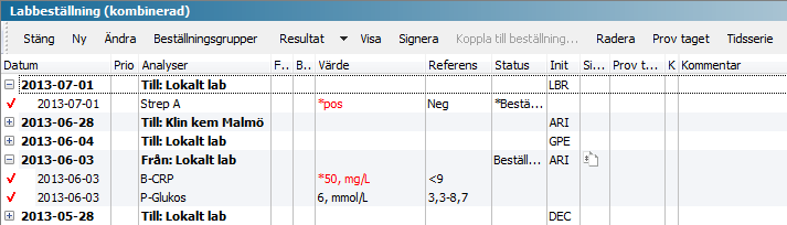 Utskrift av labresultat/lablista För att skriva ut ett enstaka provtillfälle kan du markera ett provtagningsdatum från modulen Labresultat och klicka på Visa i menyraden.