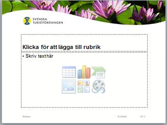 Välj fliken Infoga och därefter Bild,ClipArt eller Fotoalbum för att hämta önskad bild. Dra bilden i rätt position på mallsidan.