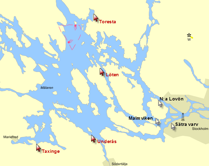 Bild 2: Lokalisering av Trafikverkets planerade utskeppningshamnar (vita pilar) för berg samt lokalisering av befintliga och planerade hamnar (röda pilar) som avser ta emot berg. 3.1.