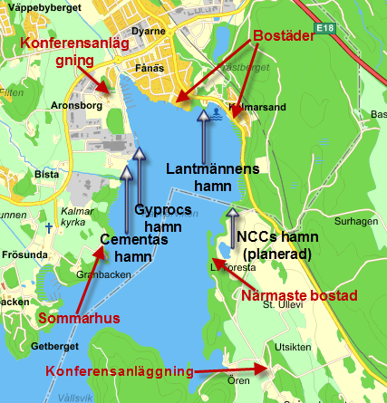 Bild 5: Hamnens geografiska placering i förhållande till bostäder, konferensanläggningar och andra hamnar i Kalmarviken Det går en allmän farled in i Kalmarviken. Farleden är utpekad som riksintresse.