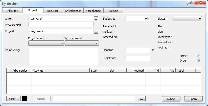 Välj kund på projekt Man kan välja kund på projektet istället för på aktivitet. Alla nya aktiviteter i projektet får då samma kund. Nytt fält under fliken projekt.