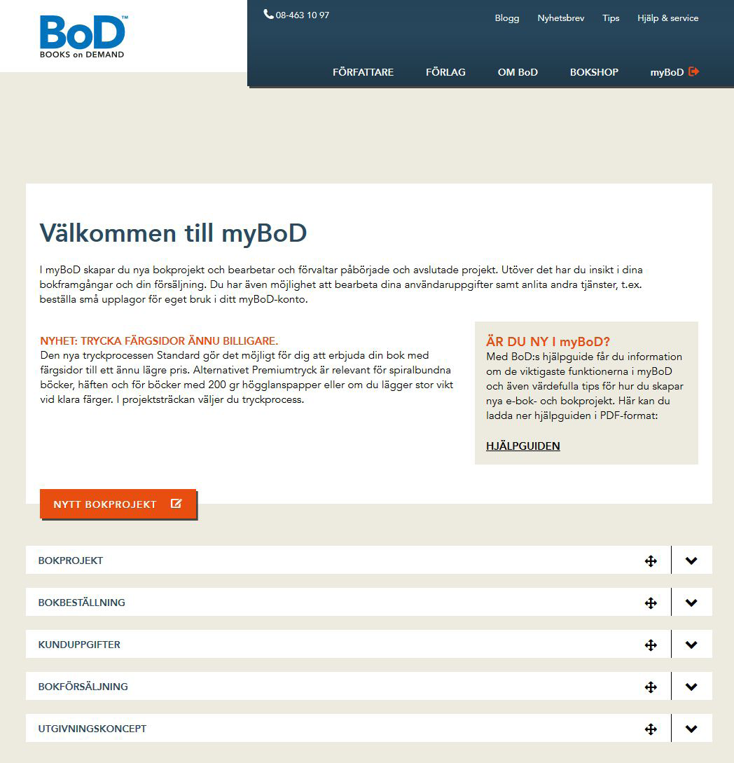 mybod-startsida: din projektcentral Varje gång du loggar in i mybod landar du först på startsidan, som fungerar som en central översikt, där du kan se alla dina projekt och kunduppgifter.