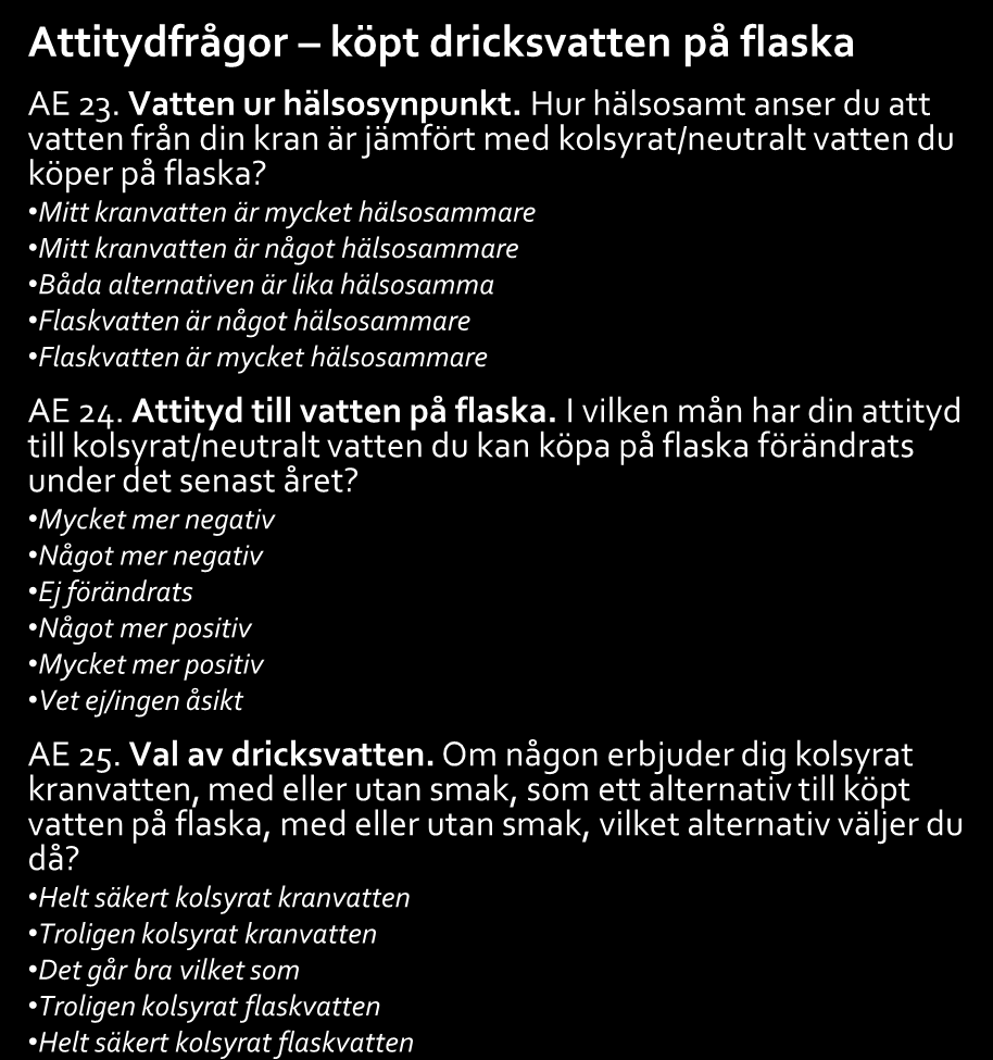 Samtliga frågor 3(3) Förklaring till koder för frågetyper: B = betyg, AE = alternativ enval, YN = Ja eller nej, F = fritext Attitydfrågor köpt dricksvatten på flaska AE 23. Vatten ur hälsosynpunkt.