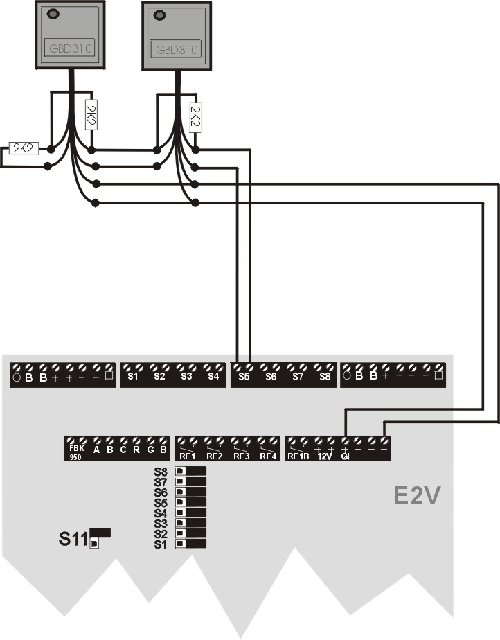 Bewator 2010 Installationshandbok Komponenter Larmkomponenter 71 Ansluts till E2V/E2VL Ansluta glaskrossdetektor (GBD 310) 1-6 glaskrossdetektorer kan anslutas till varje slinga.