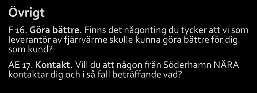 Samtliga frågor 2(2) Förklaring till koder för frågetyper: B = betyg, AE = alternativ enval, BPI=Priofaktor, F = fritext Övergripande omdöme B 14. Sammanfattande omdöme om fjärrvärme.